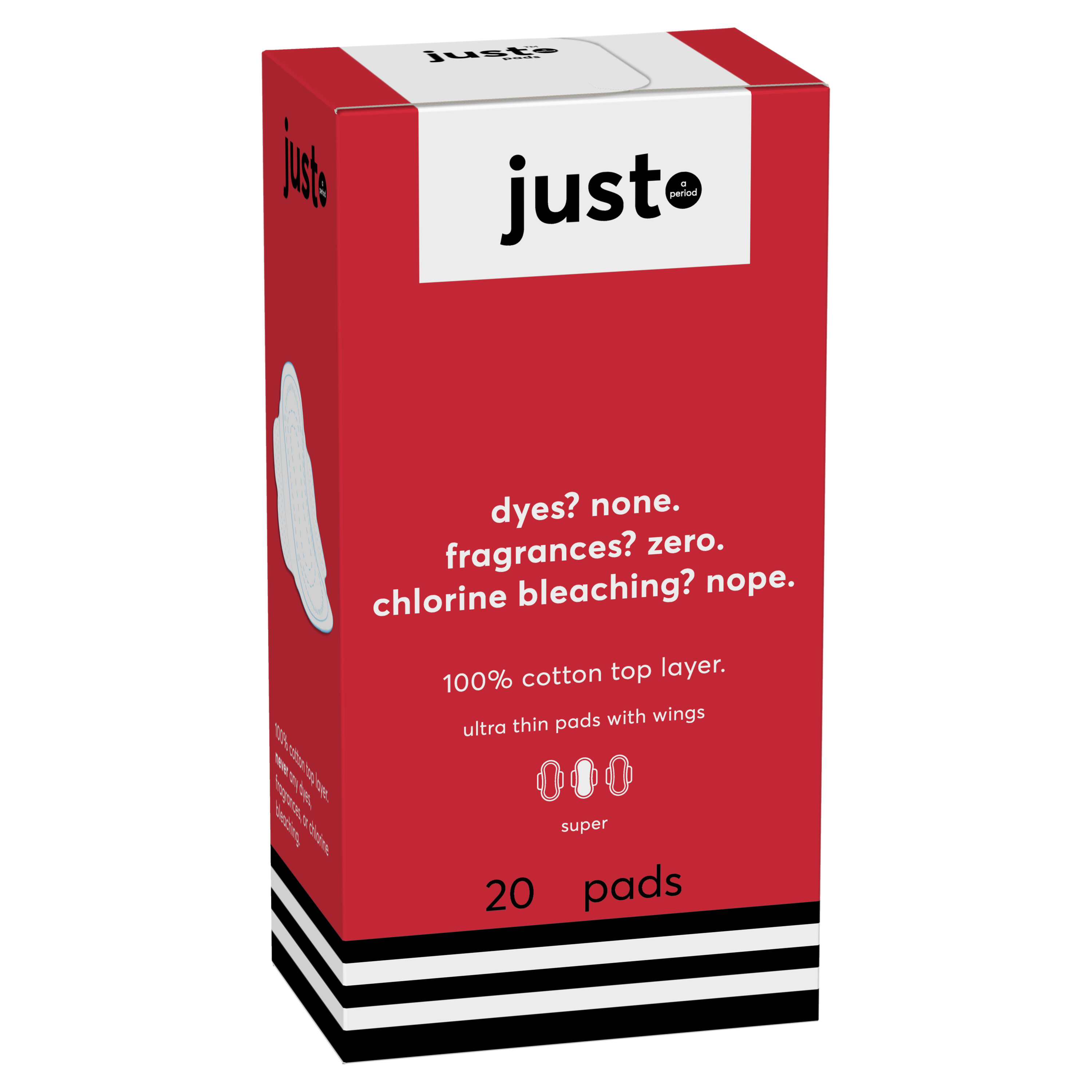 Just Cotton Top Layer Pads, Ultra-Thin with Wings, Super, 20 Count