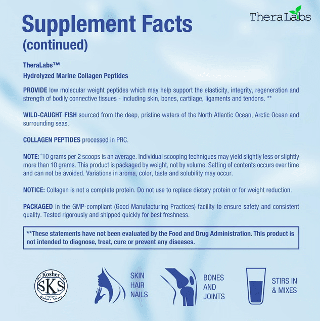 TheraLabs Marine Collagen Peptides 9.3oz (265g) Wild Caught Fish Hydrolyzed Type I & III Collagen - Kosher - Supports Healthy Skin, Nails & Hair - 26 Servings - 2PK