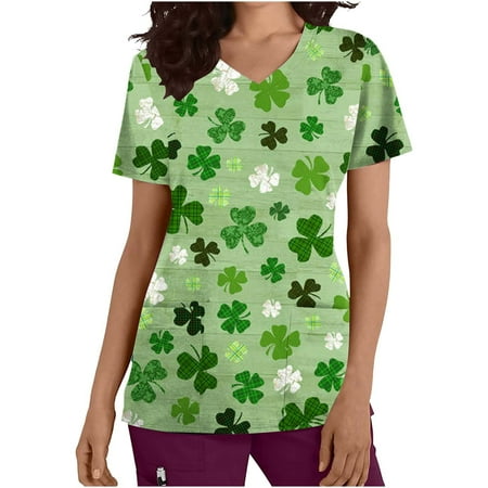 

REORIAFEE St Patrick s Day Scrub Tops for Women Summer Short Sleeve Nursing Uniform with Pocket V-Neck Green Gnomes Print Workwear Boho Tops for Women Women Summer Tunic Tops Green S