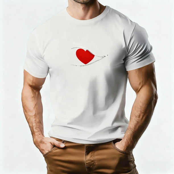 Tops para hombre, blusas y camisas de manga corta con cuello redondo para hombre, camiseta deportiva informal con estampado de corazones a la moda para hombre, blusa de poliéster de manga corta con cu
