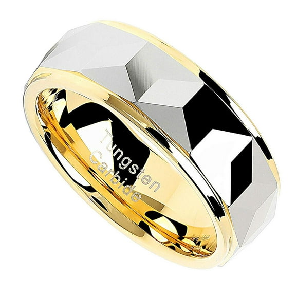 Wedding Ring Men Women 8mm Yellow Gold Tungsten Silver Faceted Wedding Band