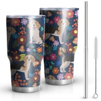 30oz Beagle Dog Dog and Flower Tumblers Stainless Steel Tumbler with Lid and Straw,Vacuum Insulated Double Wall Travel Tumbler Cups Mug with Cleaning Brush for Coffee,Tea