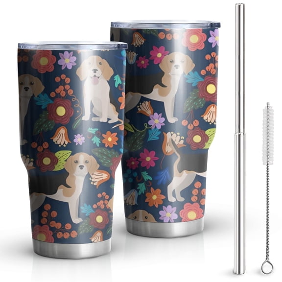 30oz Beagle Dog Dog and Flower Tumblers Stainless Steel Tumbler with Lid and Straw,Vacuum Insulated Double Wall Travel Tumbler Cups Mug with Cleaning Brush for Coffee,Tea