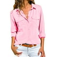 thumbnail image 1 of Women Casual Solid Long Sleeve Turn Down Collar Pockets Button Front Shirt Tops, 1 of 6