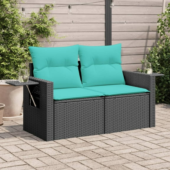 vidaXL Patio Sofa with Cushions 2-Seater Black Poly Rattan