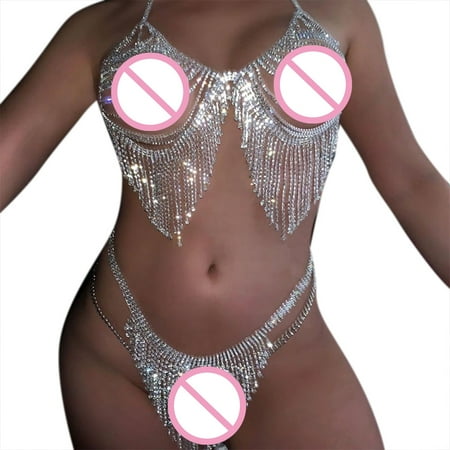 

Sofullue Women Sexy Rhinestone Body Chain Bikini Set Crystal Tassel Bra Panties Underwear
