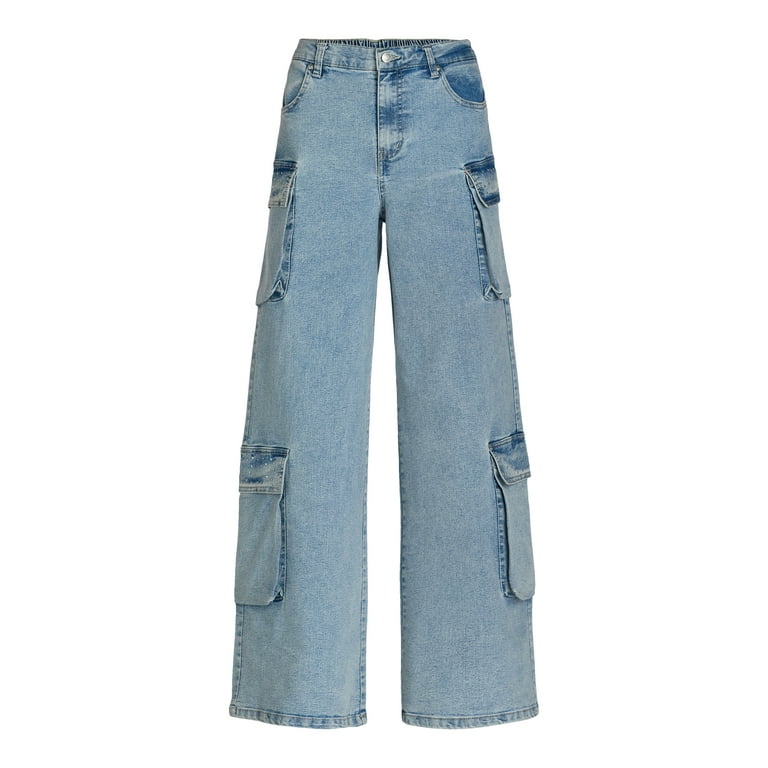 Madden NYC Women's Wide Leg Cargo Jeans with Rhinestone Madden NYC Women's Wide Leg Cargo Jeans with Rhinestone