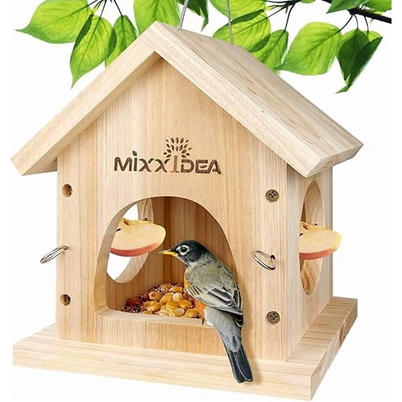 SNYNUXX Wooden Bird Feeder, Multifunctional Bird Feeder Box, Hanging Cedar Wood Wild Bird Feeder,Easy to Clean & Fill (Wood Color)