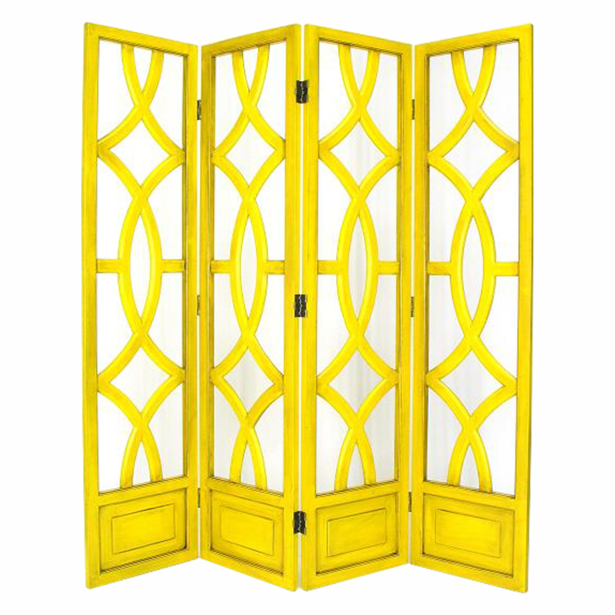 Wooden 4 Panel Room Divider with Open Geometric Design, Yellow