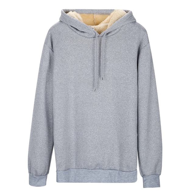 Women's Warm Lamb Wool Hoodie Solid Color Round Neck Long Sleeve Threaded Drawstring Casual Sweatshirt for Autumn Winter