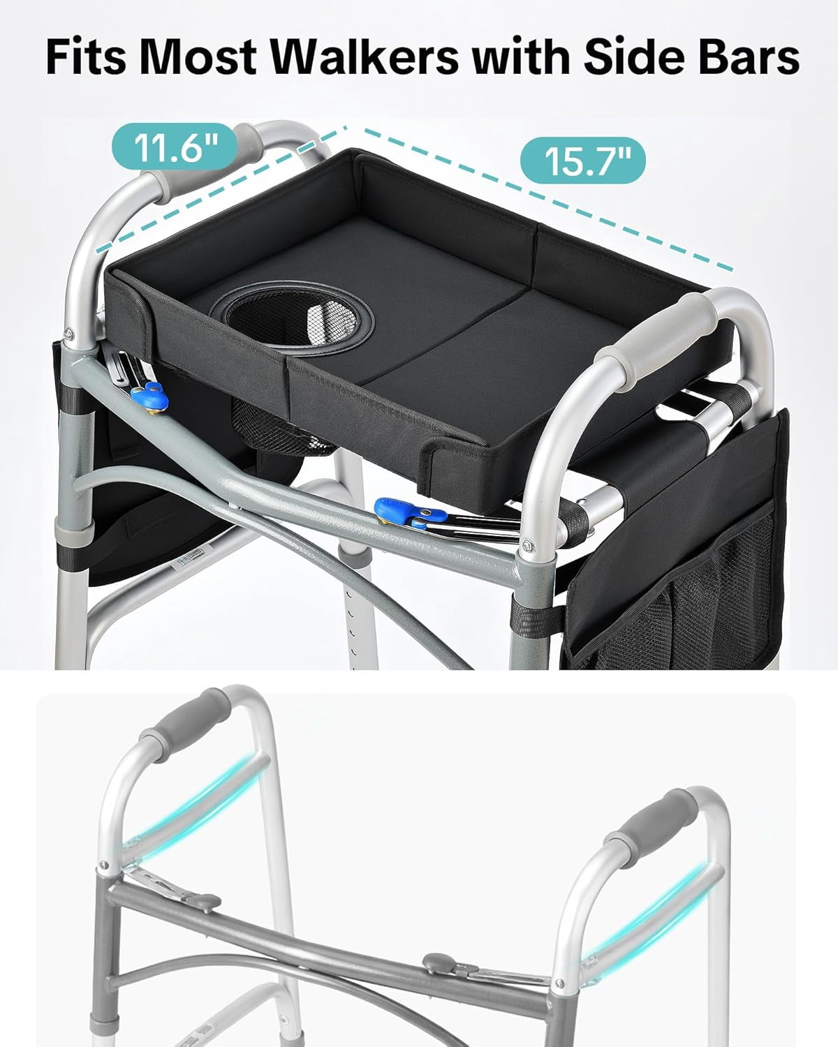 Folding Walker Tray with Cup Holder & Side Pockets, Spill-Proof Dining Tray for Rolling Walkers
