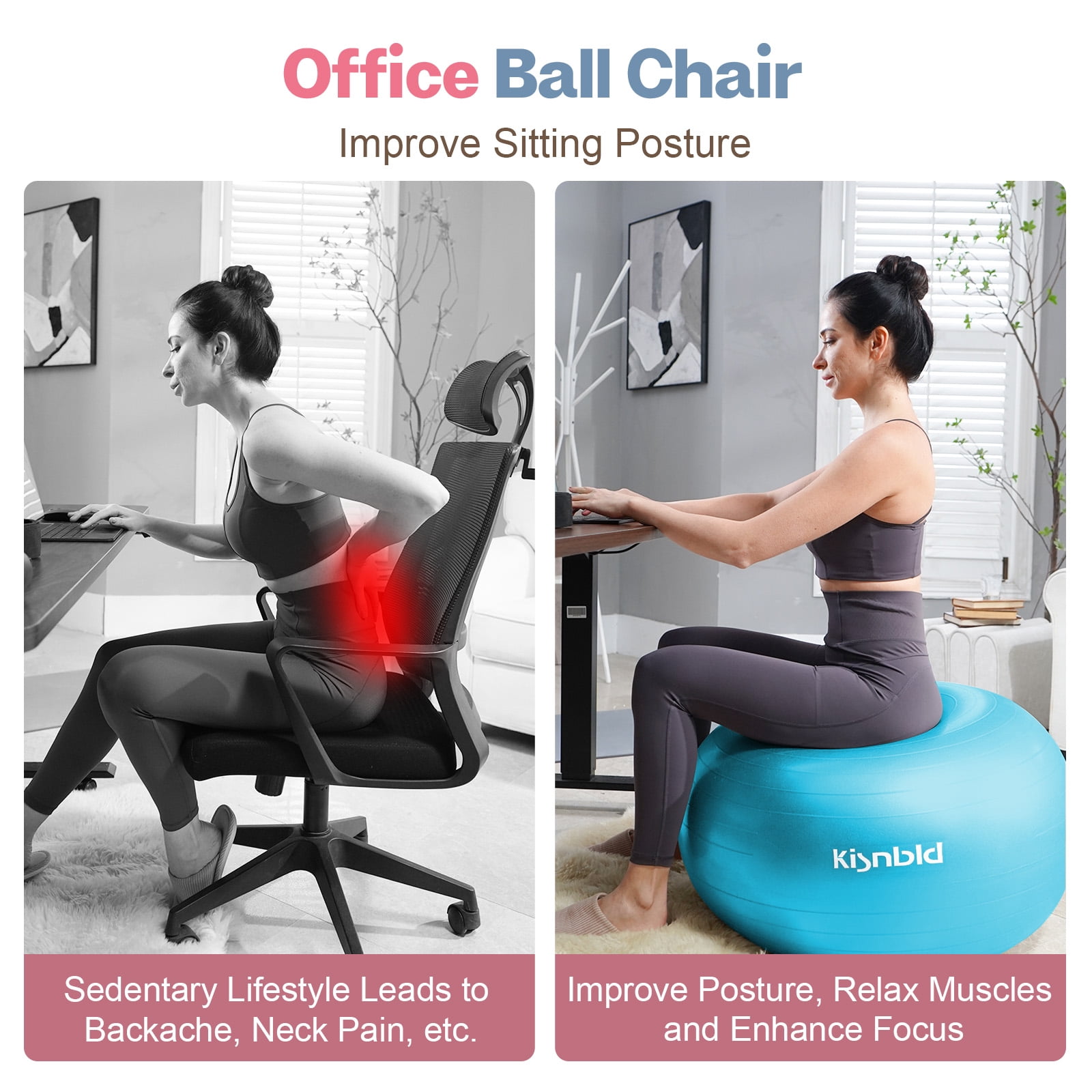 kisnbld Exercise Ball, Extra Thick Yoga Ball with Pilates Bal & Foot Pump, 3 Sizes Anti-Burst Home, Gym & Office Workout Equipment for Yoga or Sitting