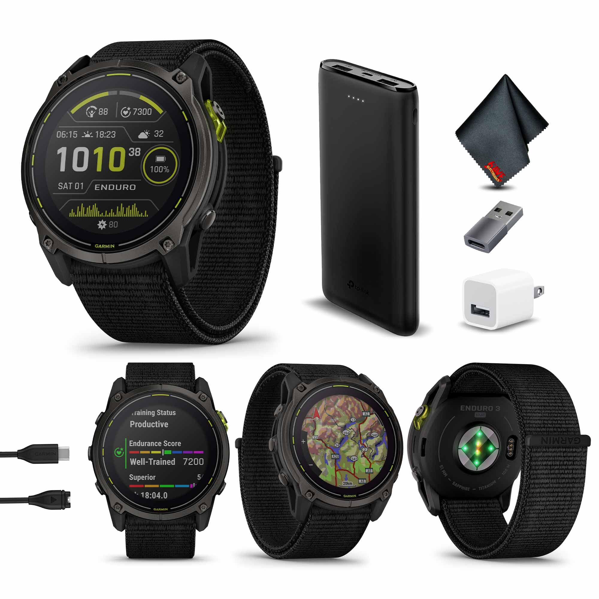 Garmin Enduro 3 Solar Sapphire Ultraperformance GPS Smartwatch, Carbon Gray DLC Titanium with Black Ultrafit Nylon Strap Bundle