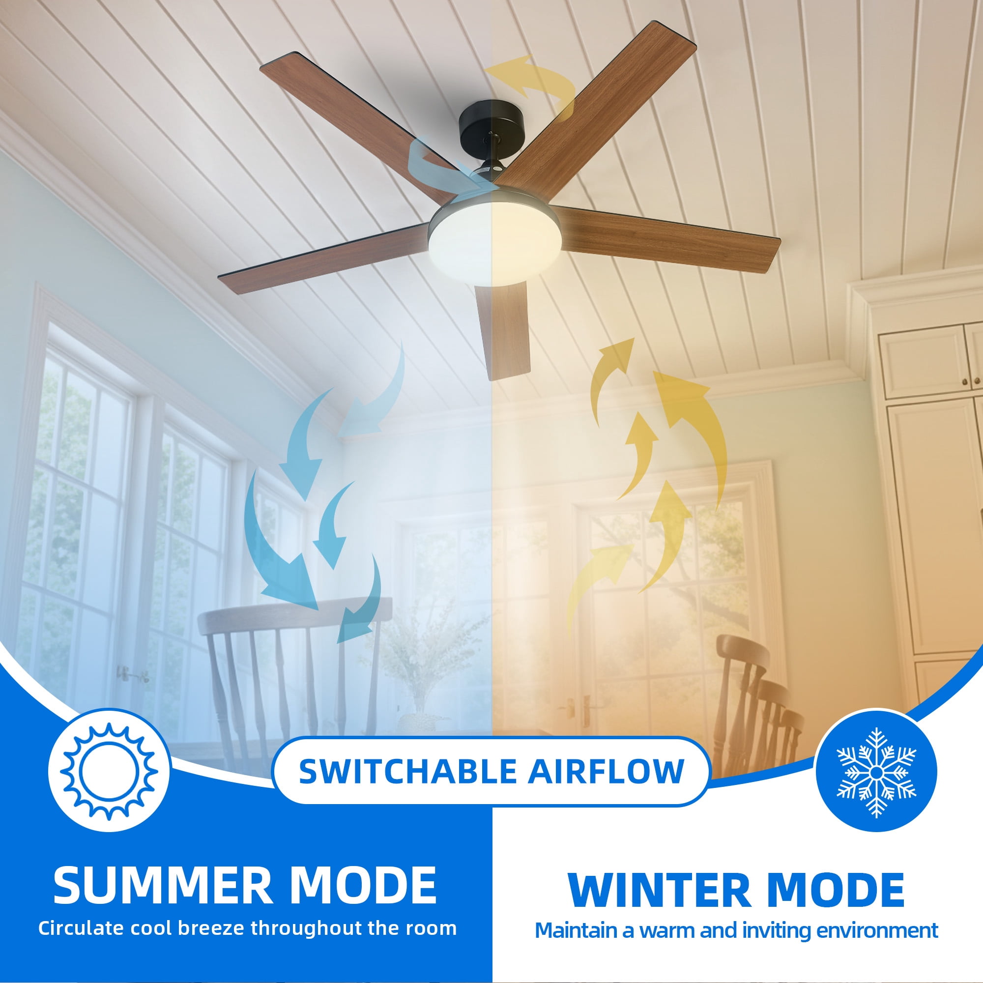 Dextrus 52" Ceiling Fan with Light and Remote Control, Modern Ceiling Fan with 6-Speed Quiet  DC Motor 5 Fan Blades - Black & Walnut