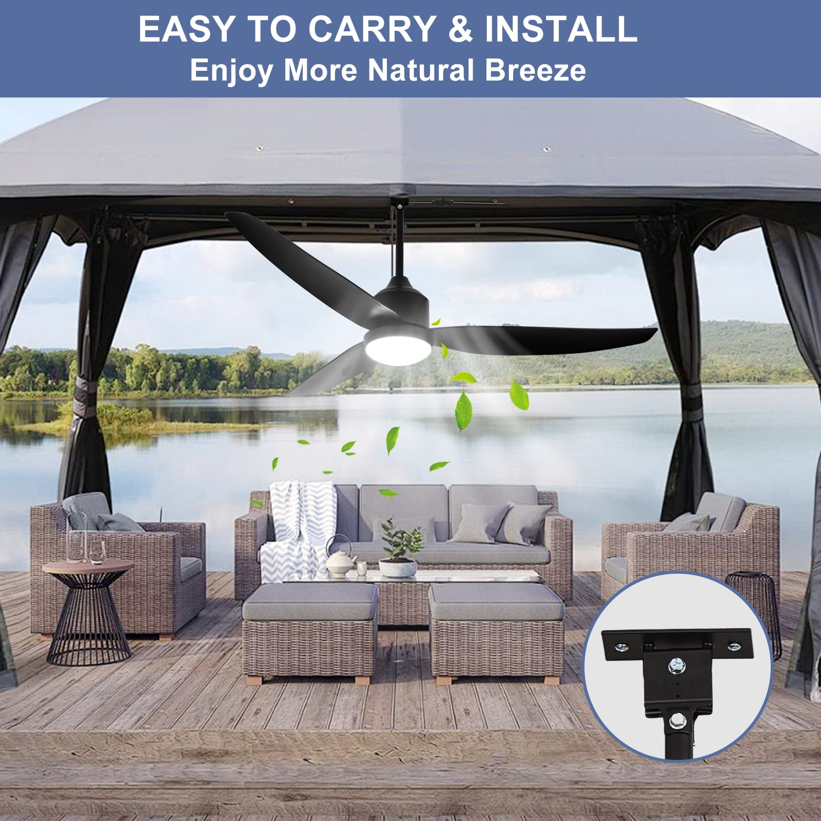 Depuley Waterproof Outdoor Ceiling Fan with Light:52" Black Hanging Fan for Patios, Gazebo - Plug-in Fan with Remote and APP, 3 CCT, 6-Speed