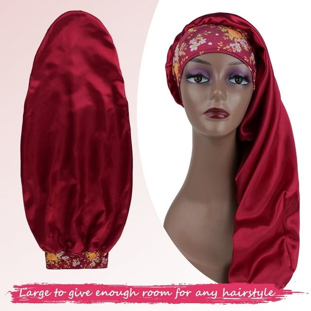 Women's Extra Long Satin Sleep Bonnet - Oversized Elastic Hair Turban with Adjustable Ribbon, Breathable for Curly/Natural Hair WigRed LongTail