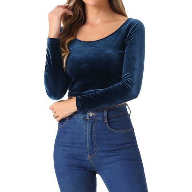 INSPIRAR CHIC Blusas de Terciopelo de Manga Larga Off Shoulder Sólidas para Mujeres L Azul Oscuro