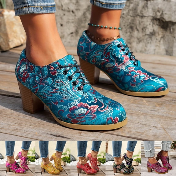 Pandaie Retro Ankle Boots for Women Embroidery Floral Lace up Chunky Heel Casual Shoes 2026 Fashion Ladies Short Booties Black,5.5