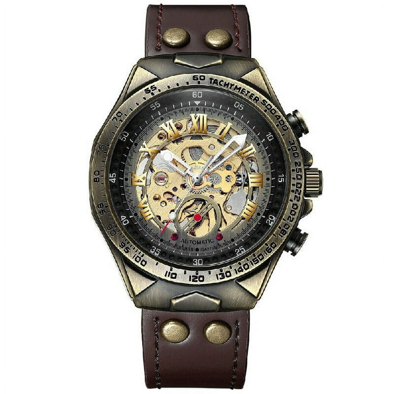 Retro Bronze Mechanical Watch Men Vintage Leather Strap Skeleton Steampunk Watches Self Wind Automatic Wristwatch Mens - Mechanical Wristwatches