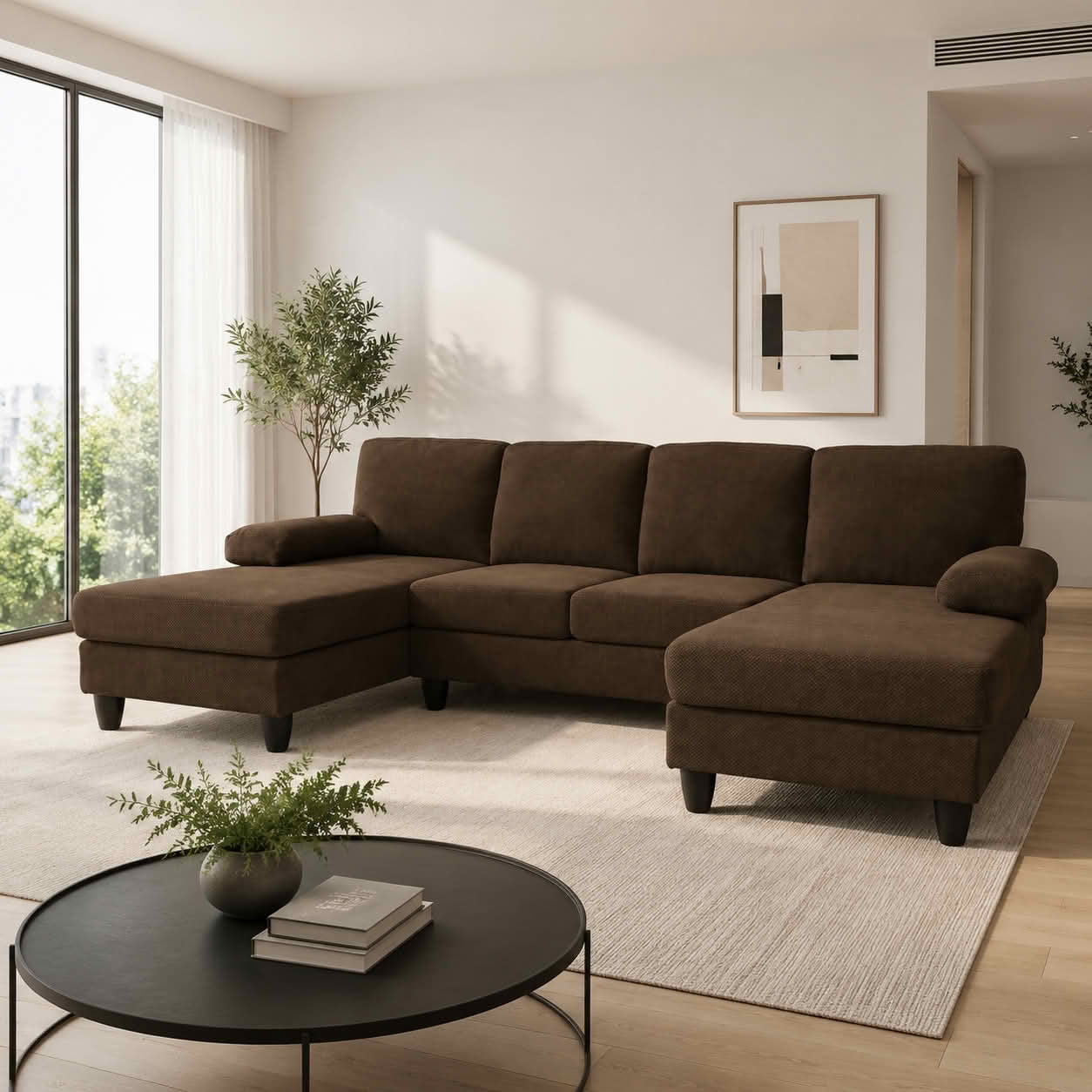 MAYEERTY 104" U‑Shaped Sectional Sofa, Nubby Textured Upholstery Couch with Dual Chaise & Plush Upholstered Armrests, Modern Living Room Furniture
