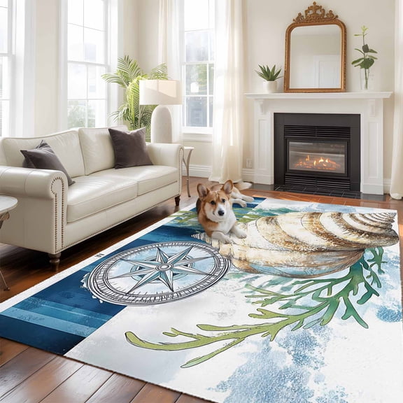 5'x8' Area Rugs, Nautical Compass Indoor Outdoor Area Rug for Living Room Bedroom, Coastal Ocean Shell Seaweed Washable Bathroom Rugs Kitchen Floor Carpet Mats Home Decor Aesthetic