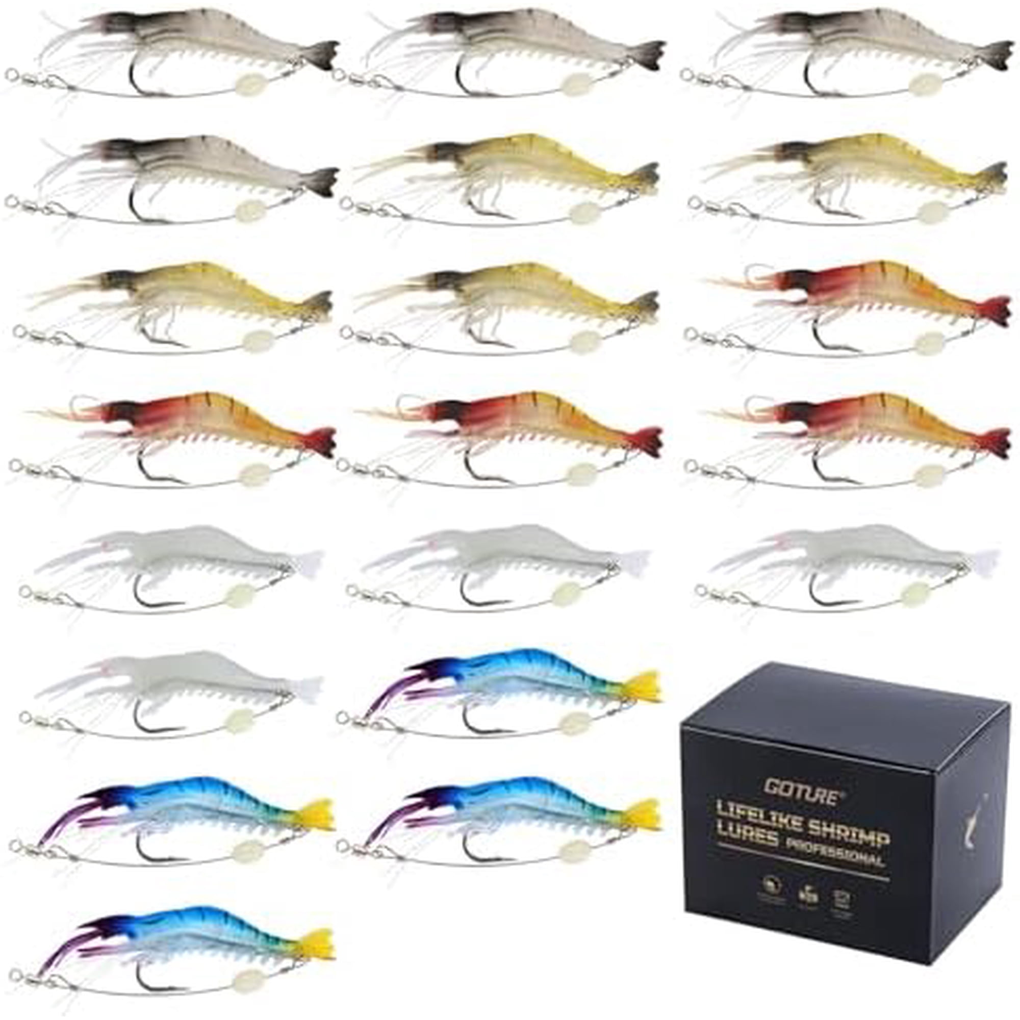 Zooblu Soft Shrimp Lures Fishing Saltwater Luminous Shrimp Bait Set Fishing Lures with Sharp Hooks for Freshwater Saltwater Trout Bass Salmon Crappie Walleye Pike Perch
