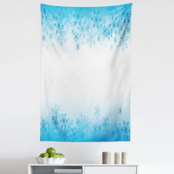 Winter Tapestry, Abstract Ornaments Snowflakes Cold Weather Season Frozen Water Illustration, Fabric Wall Hanging Decor for Bedroom Living Room Dorm, 5 Sizes, Sky Blue White, by Ambesonne