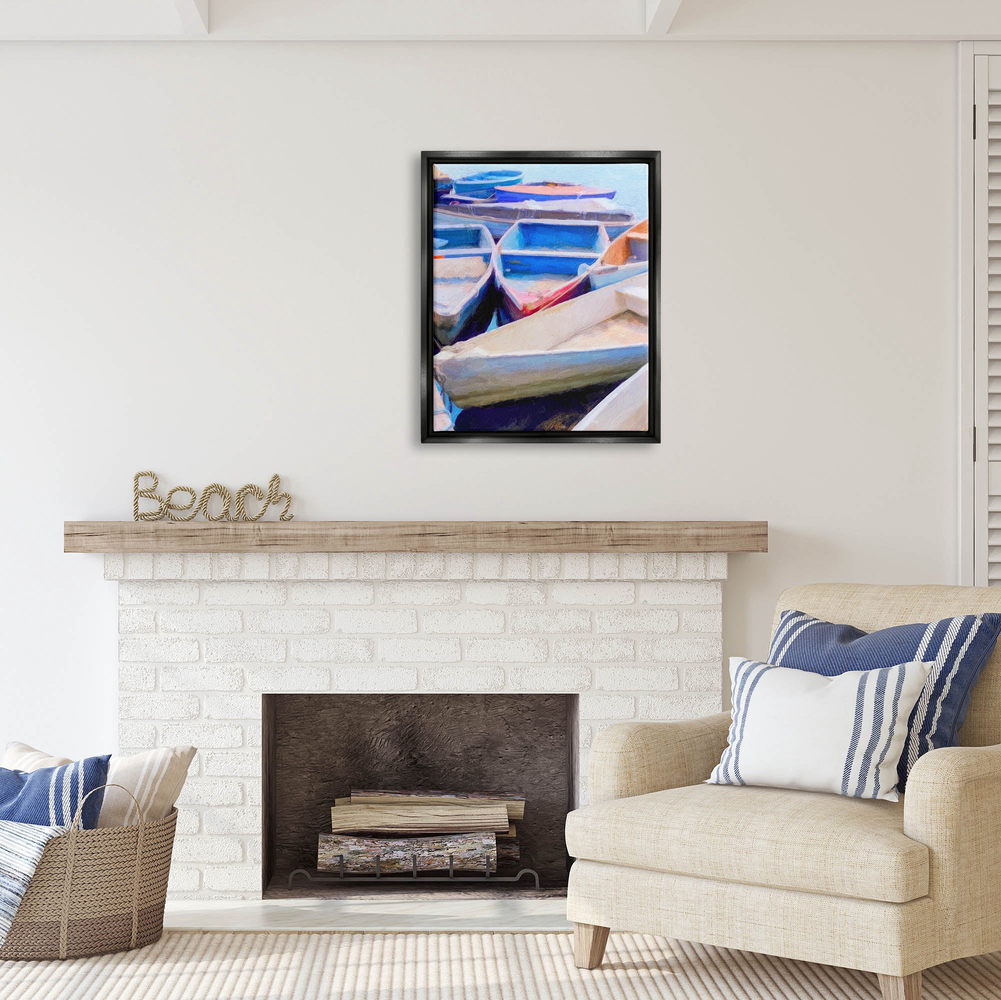 Stupell Industries Docked Rowboats Vivid Hues Coastal Painting Black Floater Framed Art Print Wall Art