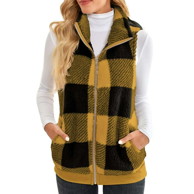 DPTALR Women's Plaid Print Patch Patchwork Cardigans Open Front Sleeveless Cardigan Plush Coat Tops