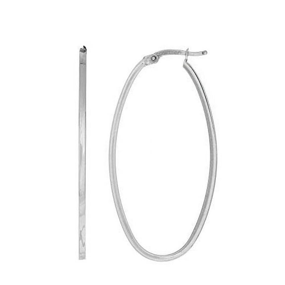 JewelStop 14K White Gold Finish 1.7x20x40mm Shiny Square Tube Oval Hoop Earrings, Hinged Clasp