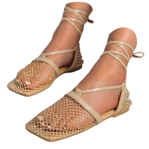 Women's Mesh Wrap-Up Heels Square Toe Fishnet Sandals Strappy Flat Slides Summer Closed Toe Beach Party Shoes(Gold,Size 9.5)
