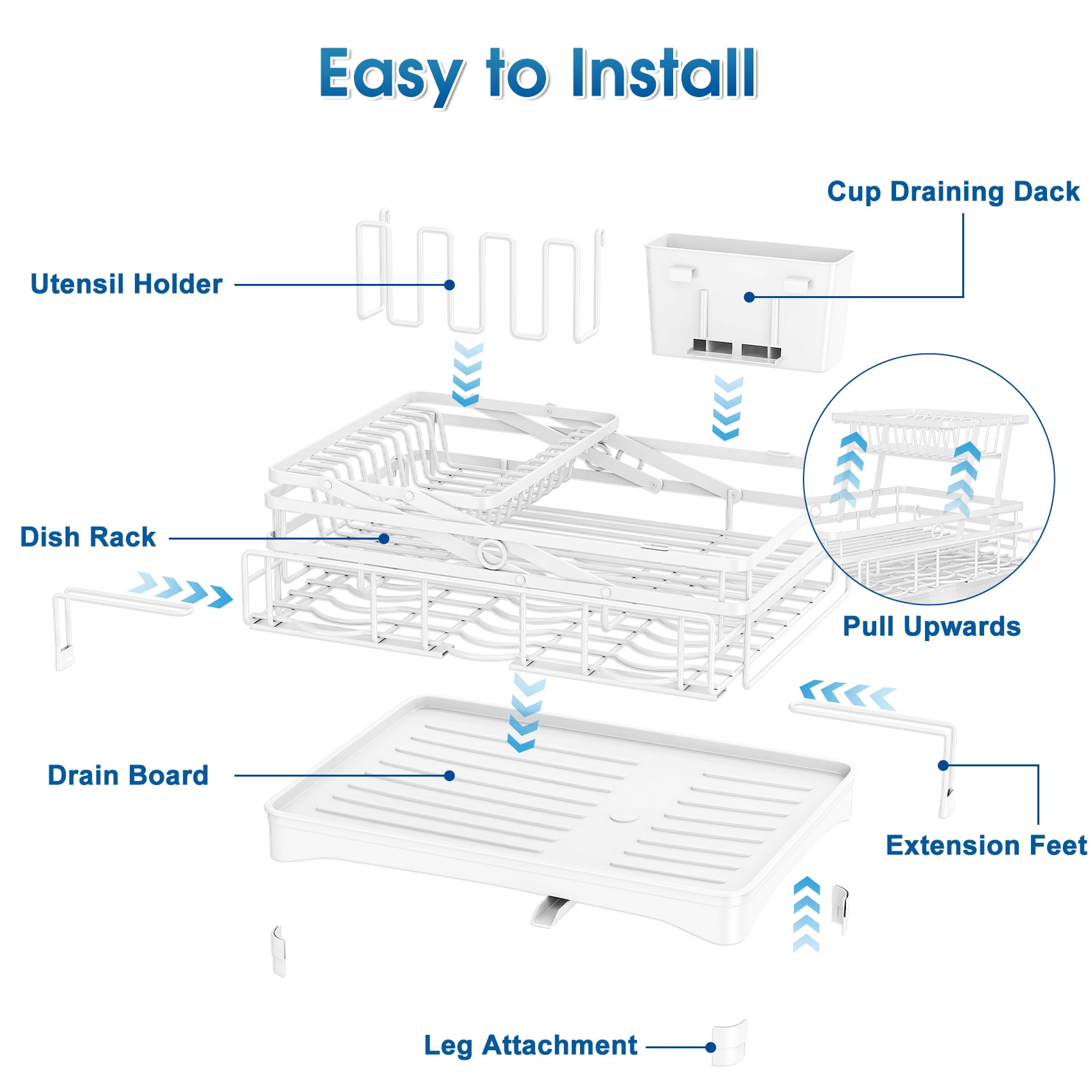 Glovv 2-Tier Collapsible Over the Sink Dish Drying Rack, Kitchen Sink Organizer with Auto Drainage System, Dish Racks for Kitchen Counter with 4 Cup Holders,White