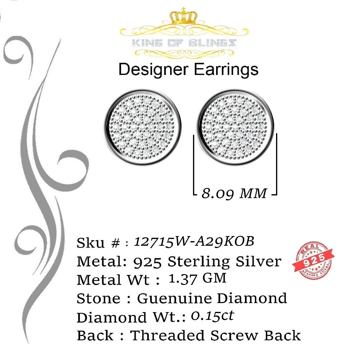 King of Bling's 925 White Silver Hip Hop 0.15ct Diamond For Men's & Women's Round Stud Earrings