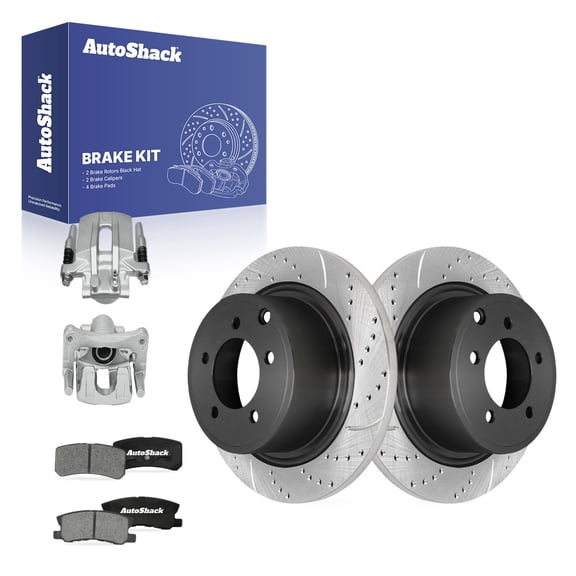AutoShack Rear Brake Rotors, Ceramic Pads & Calipers for Jeep, Patriot 2007-2008, 2010-2017, 4WD FWD L4 2.0L 2.4L - E-Coated Drilled & Slotted - ShadowGuard - 11.89" (302 mm), 5-Lug