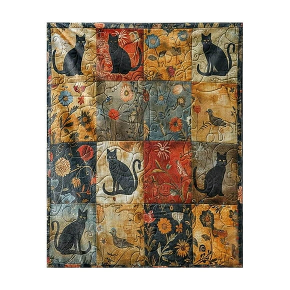 Black Cat Flower Flannel Throw | Whimsical Floral Blanket for Snuggling | Soft Cozy Bedroom Living Room Decor