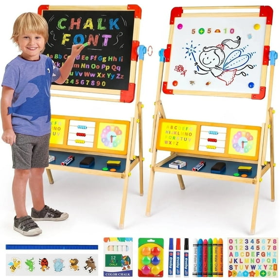Freecat Art Easel for Kids, Wooden Toddler Easel Set with Double Sided Drawing & Learning Board, Birthday Gifts for Toddlers Kids 3-8 Years Old.