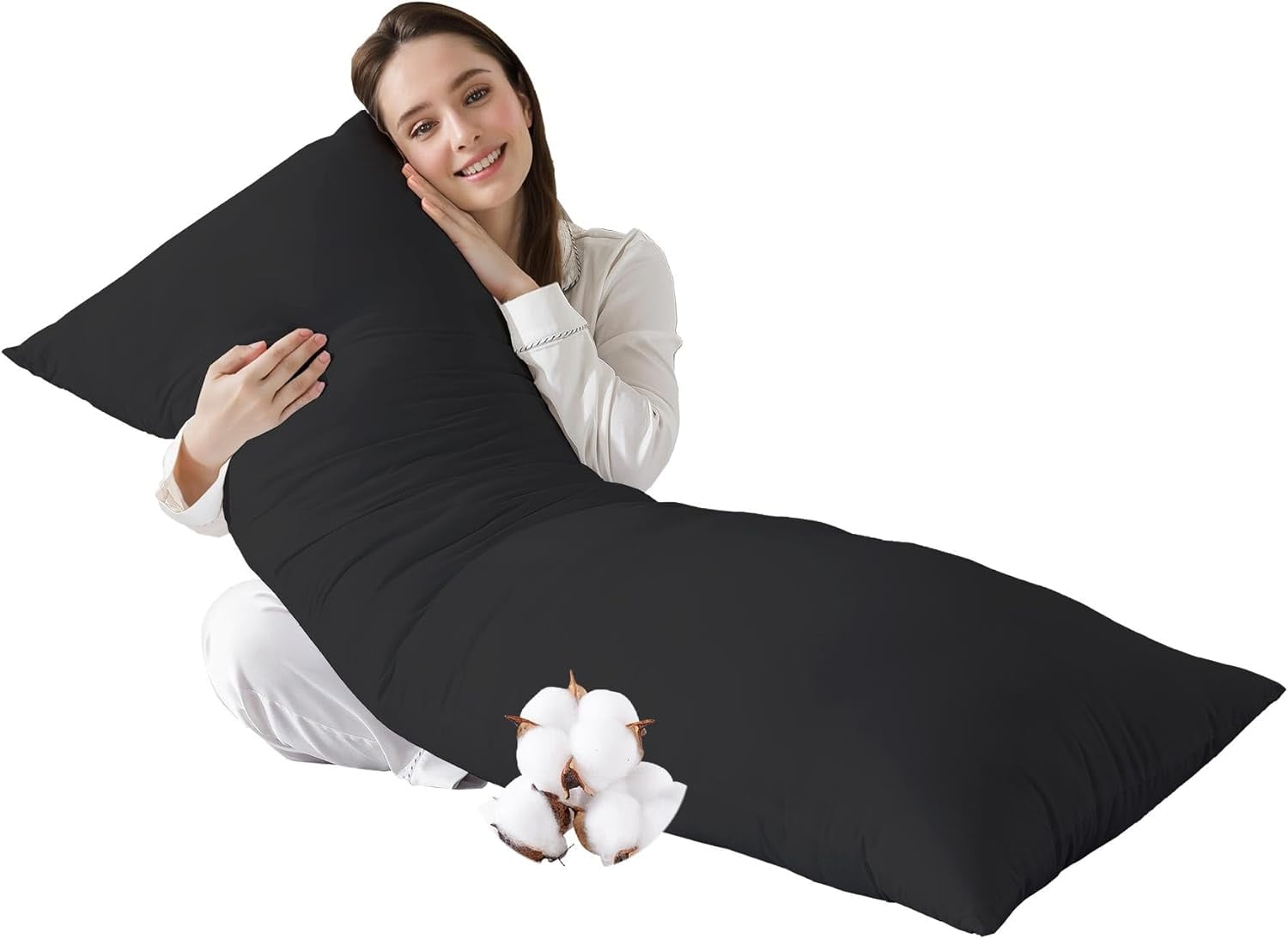 Cotton Body Pillow Insert Cooling Breathable Full Body Pillow for Side Sleepers Soft Long Bed Pillow for Adults 20 x 54 Inch Black