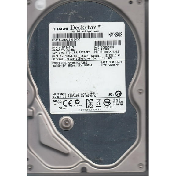 HDP725050GLA380, PN 0A34813, MLC BA2831, Hitachi 500GB SATA 3.5 Hard Drive