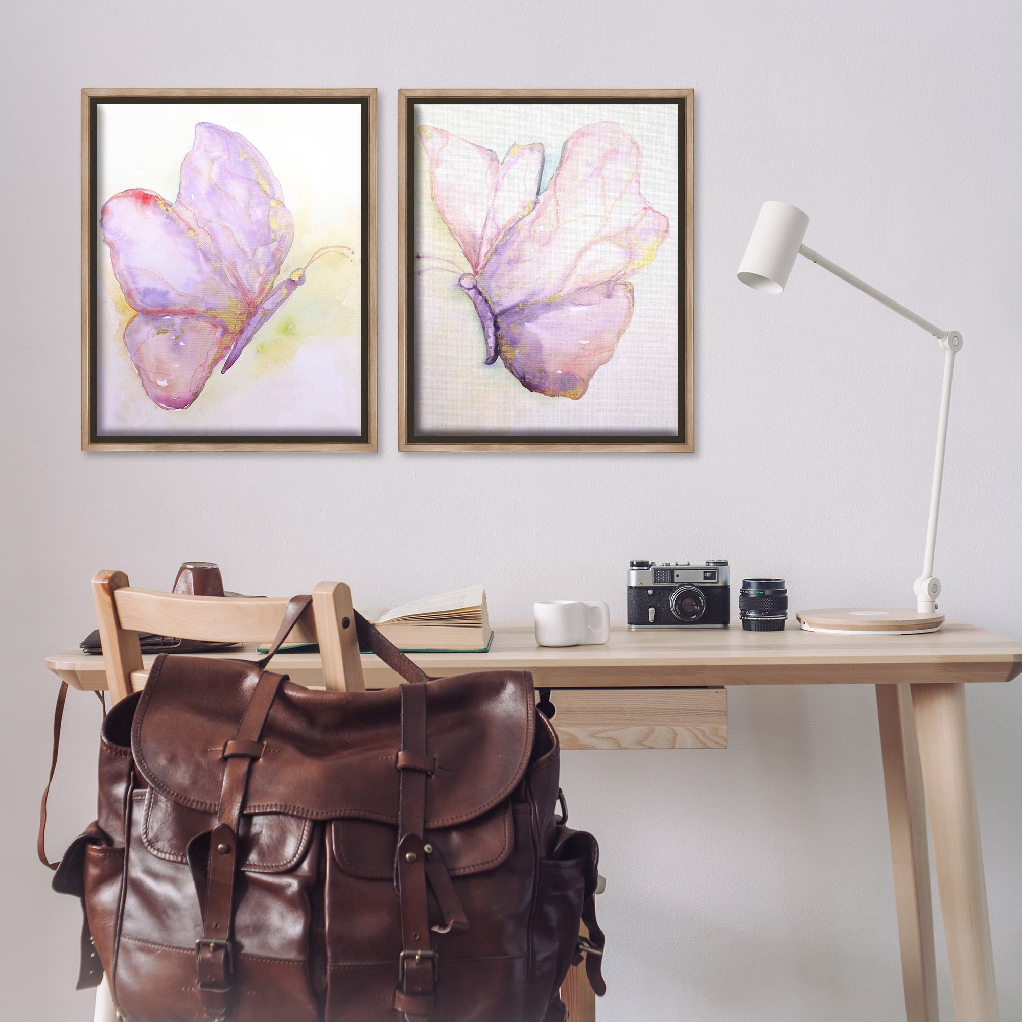 Stupell Industries Girls Glam Butterfly Wings Animals & Insects Painting Brown Floater Framed Canvas Art Print Wall Art, 25 x 31, Set of 2