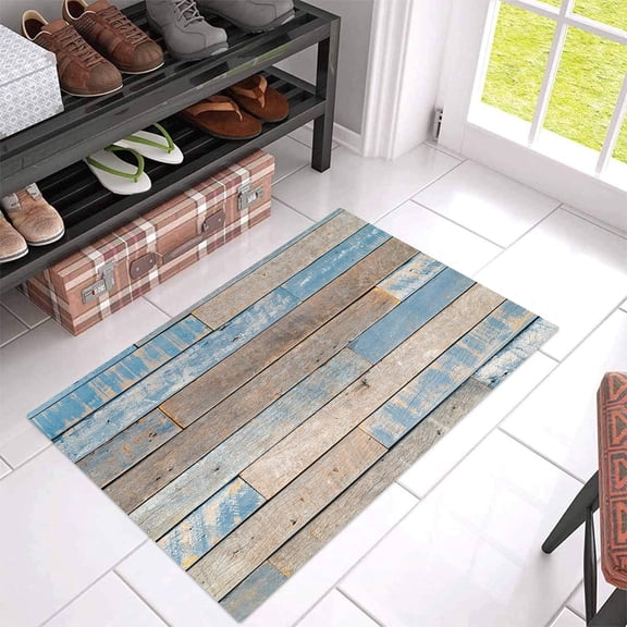 Retro Blue Wood Grain Door Mat, Welcome Entrance Doormat Non-Slip Bath Mats Thin Floor Carpet Farmhouse Wooden Board Rug Pad for Bedroom Bathroom Kitchen