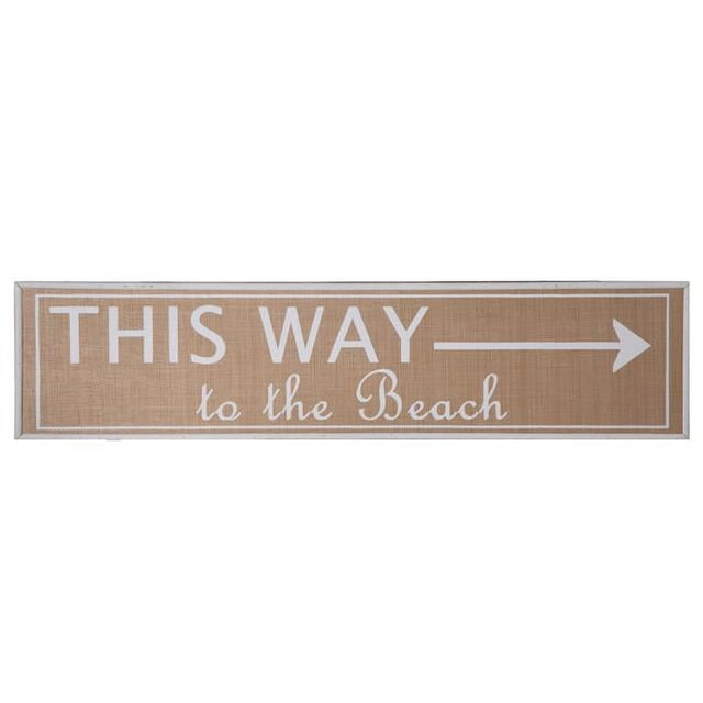 Urban Trends Collection 53337 Wood Rectangle Wall Art with This Way to the Beach Writing on Weave Surface & Side Border Line Design, Natural Brown