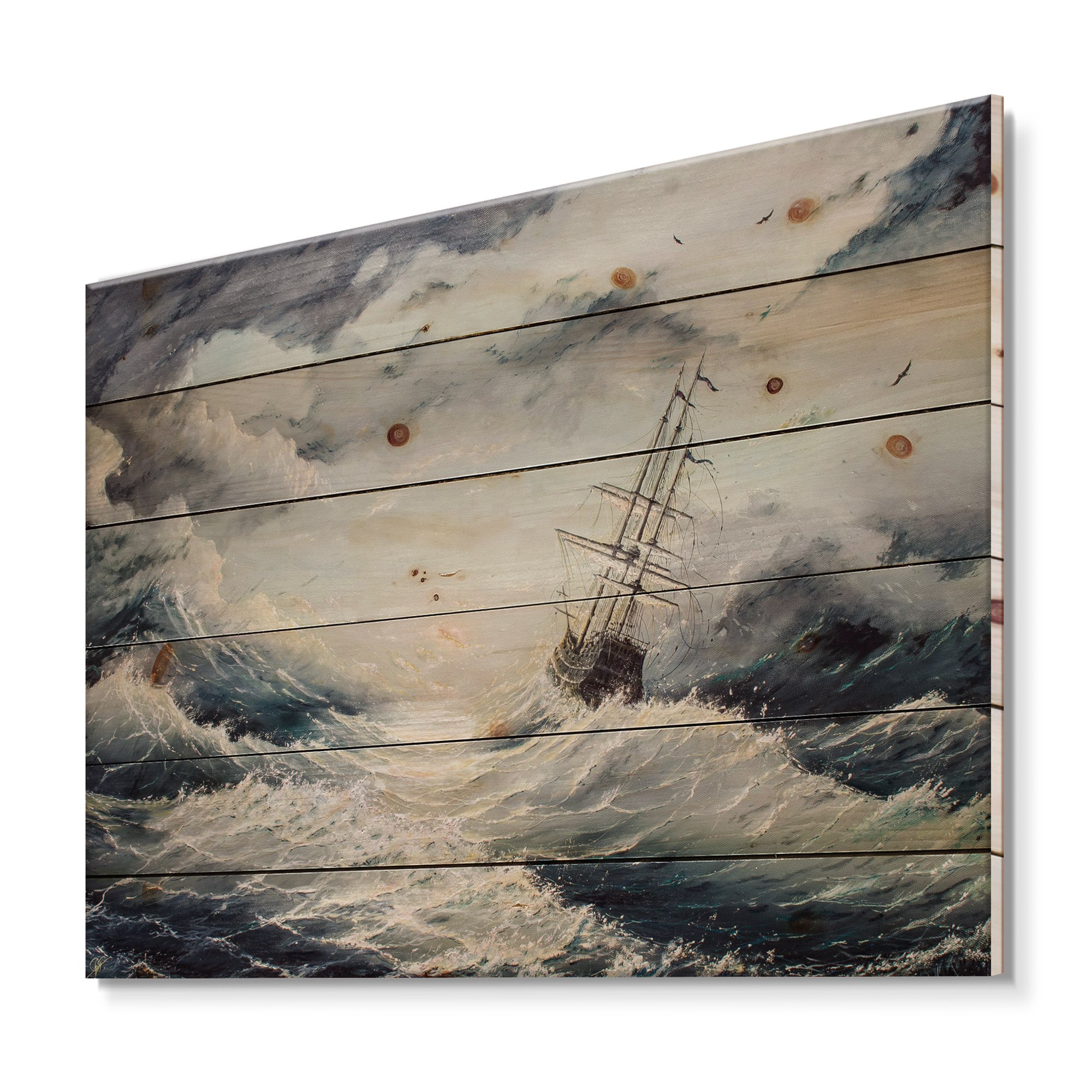 Designart 'Ship Struggles With The Sea Storm' Nautical & Coastal Print on Natural Pine Wood