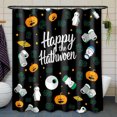 thumbnail image 1 of Whimsical Halloween Shower Curtain - "Happy the Hathween" with Pumpkins & Spooky Faces, 1 of 5