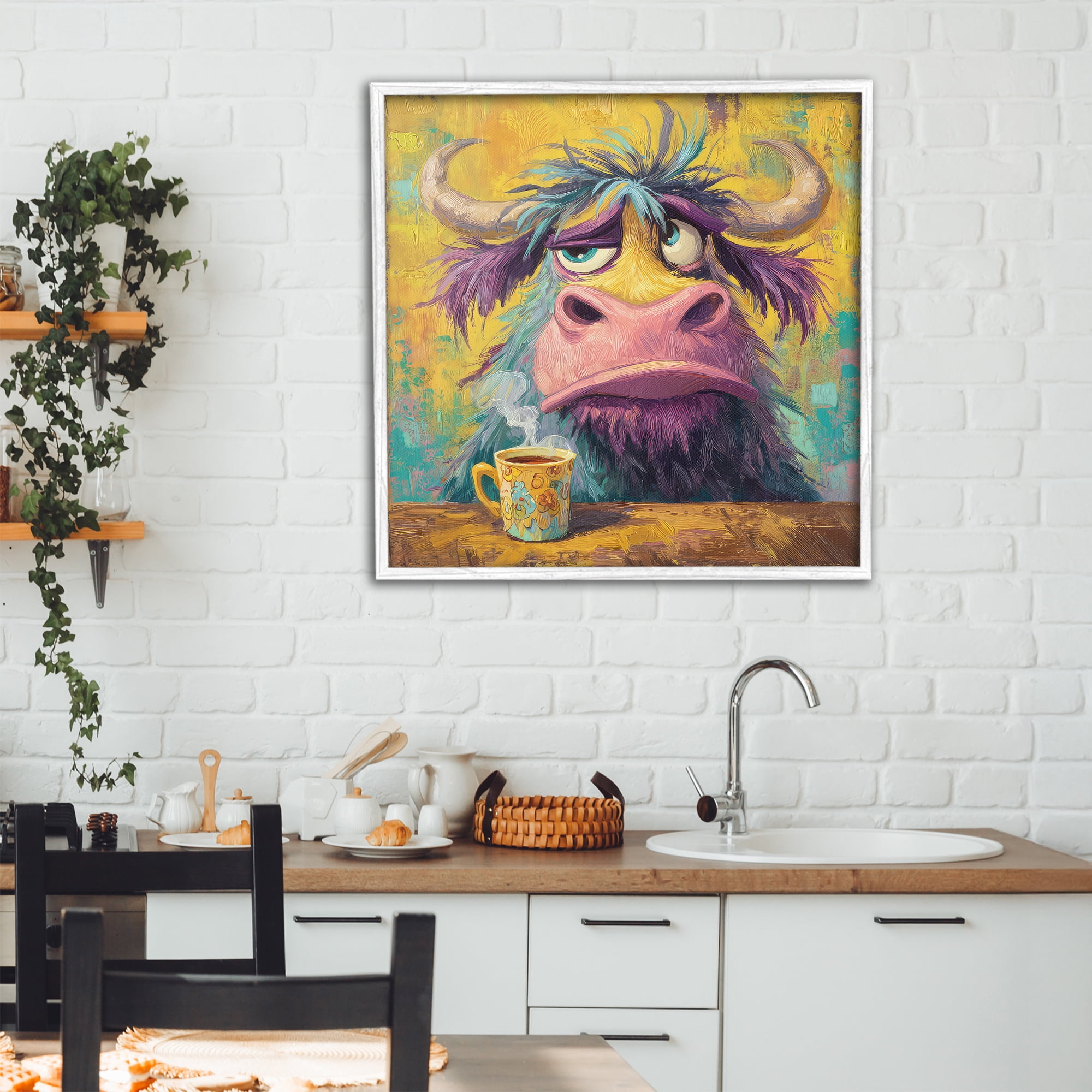 Stupell Industries Grumpy Cow & Mug White Framed Giclee Art, design by The Wands Want