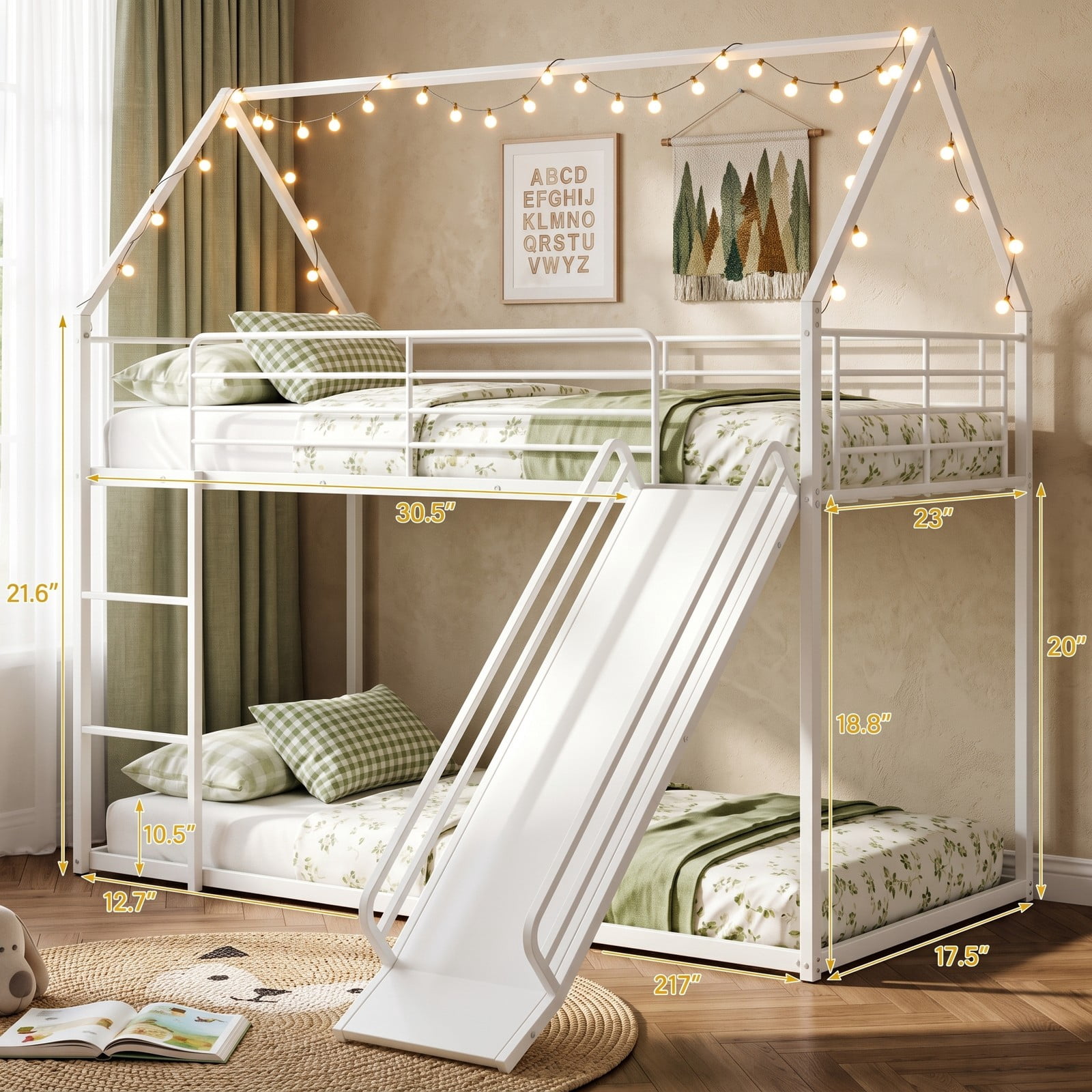 Furnibear House-shaped Twin Over Twin Metal Low Bunk Bed with Slide Ladder and Full-length Guardrails for Kids Rooms, White