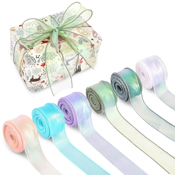 Toorise 6 Rolls Organza Ribbon for Gift Wrapping 1.57in per Roll Iridescent Sheer Present Ribbon in 6 colors for Bouquet Crafts DIY Decor