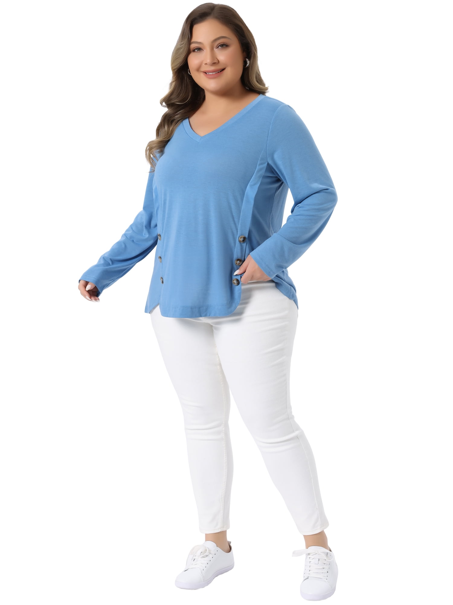 DARING DIVA Women's Plus Size Long Sleeve Button Side Swing Blouses 4X Gray Blue