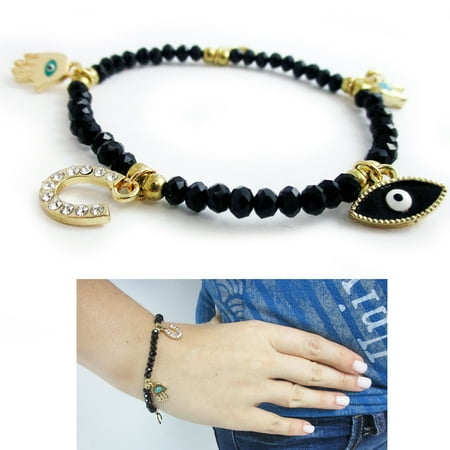 Black Claddagh Charms - Evil Eye Bracelet Stretch Beaded Black Crystal Hamsa Fatima Lucky Charm Kabbalah
