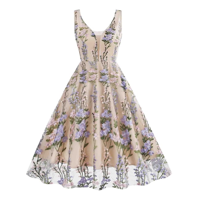QIPOPIQ Women's Elegant Lace Embroidery Plus Size Flared A-Line Swing Backless Party Cocktail Dresses Summer Clearance
