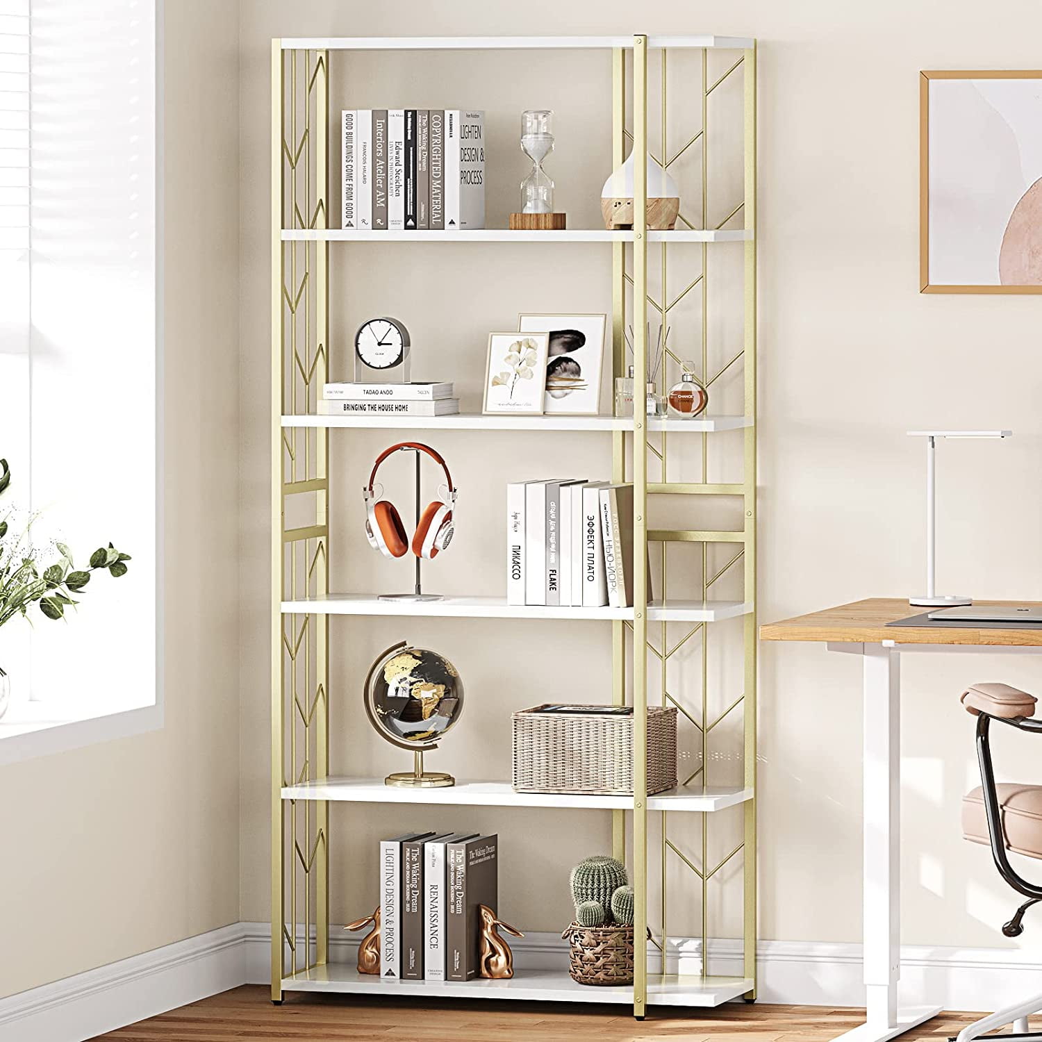 IDEALHOUSE Bookshelf 6 Tier Bookcase Modern Storage Rack Shelf Tall